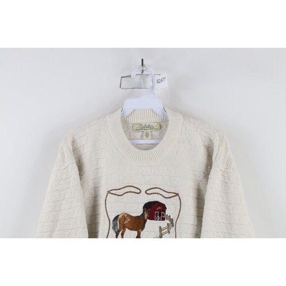 Vintage 90s Cabelas Womens Large Distressed Horse Equestrian Knit Sweater Cream - Picture 2 of 11